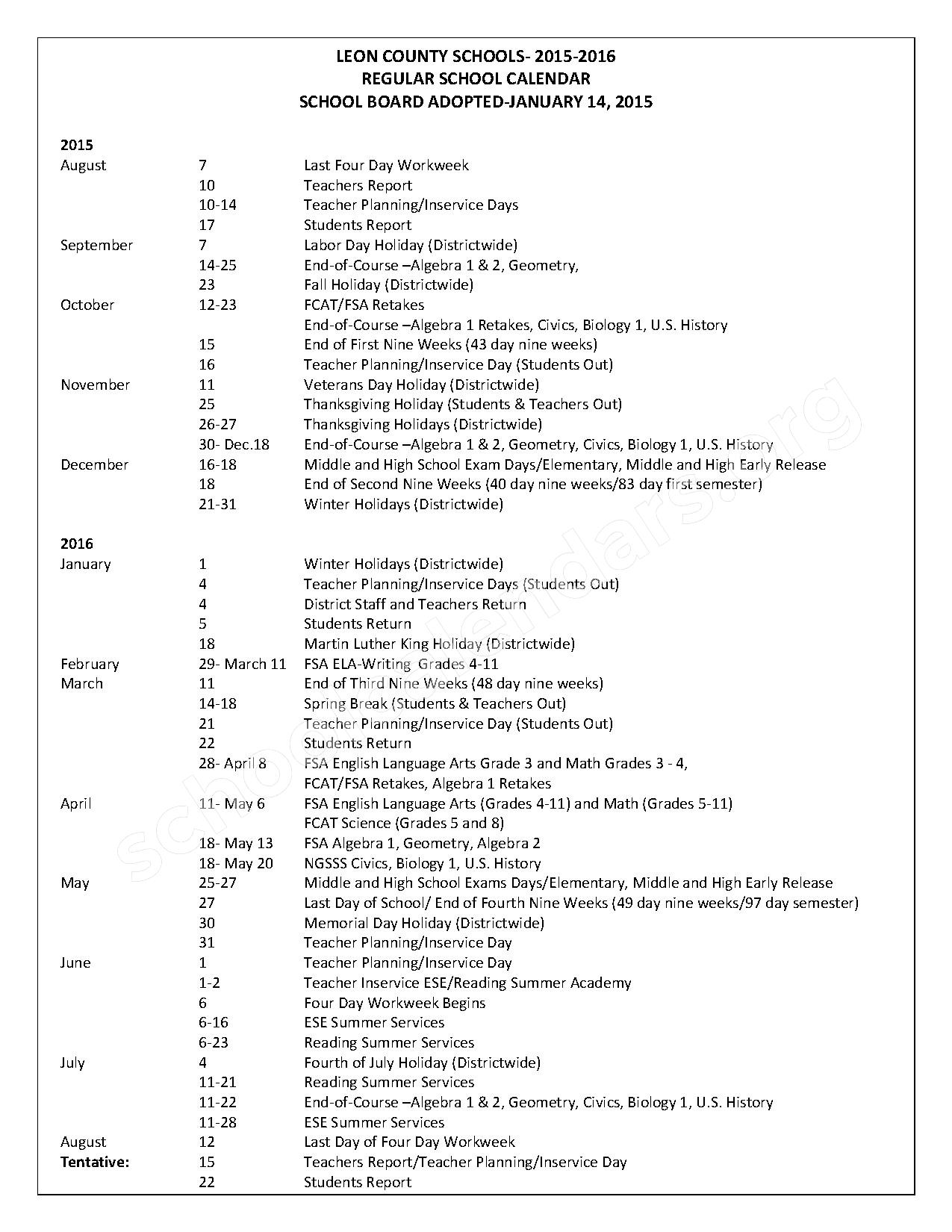 Leon County School Schedule